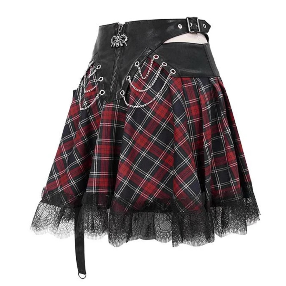 Devil Fashion Noise Annoys Red Black Plaid Goth Skirt - Please read description